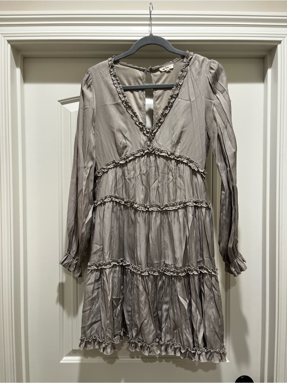 Long Sleeve Gray Ruffle Tiered V-Neck Dress